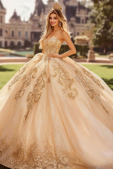 Robe bustier champagne en tulle appliqué Quinceanera